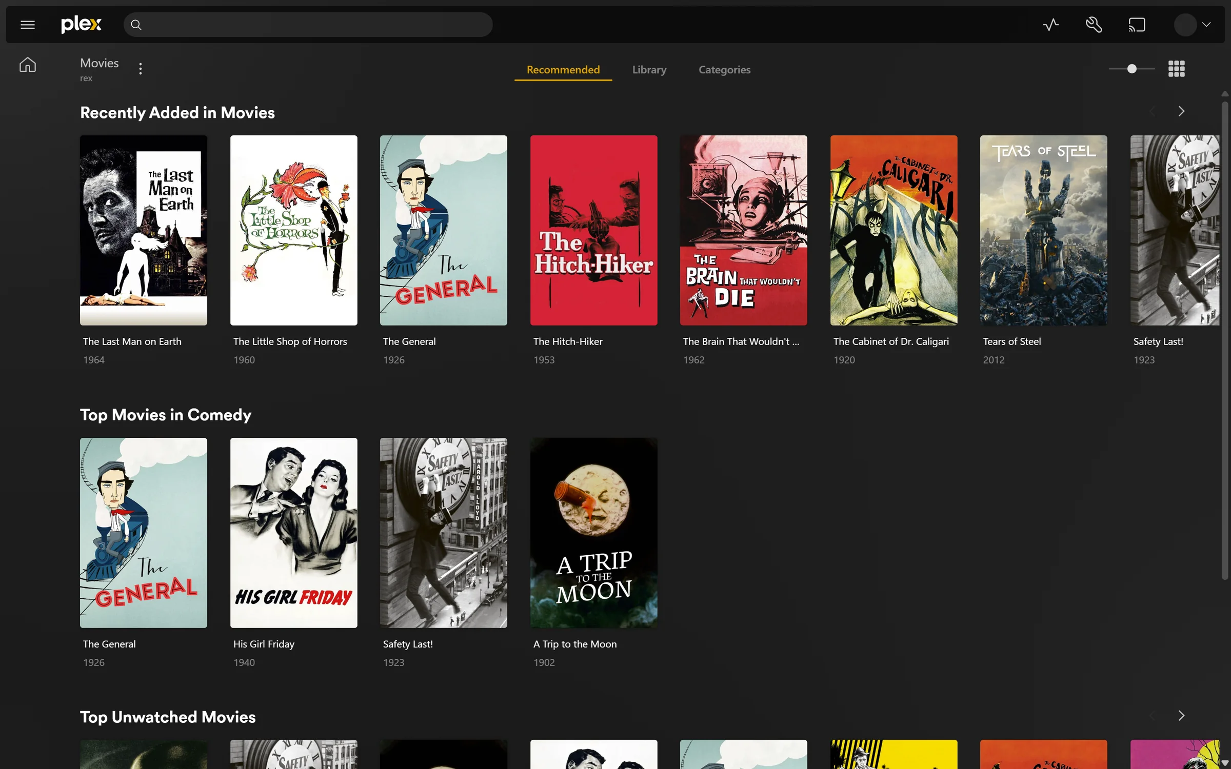 Recommended view of the Movies library with Recently Added and Top Movies in Comedy rows