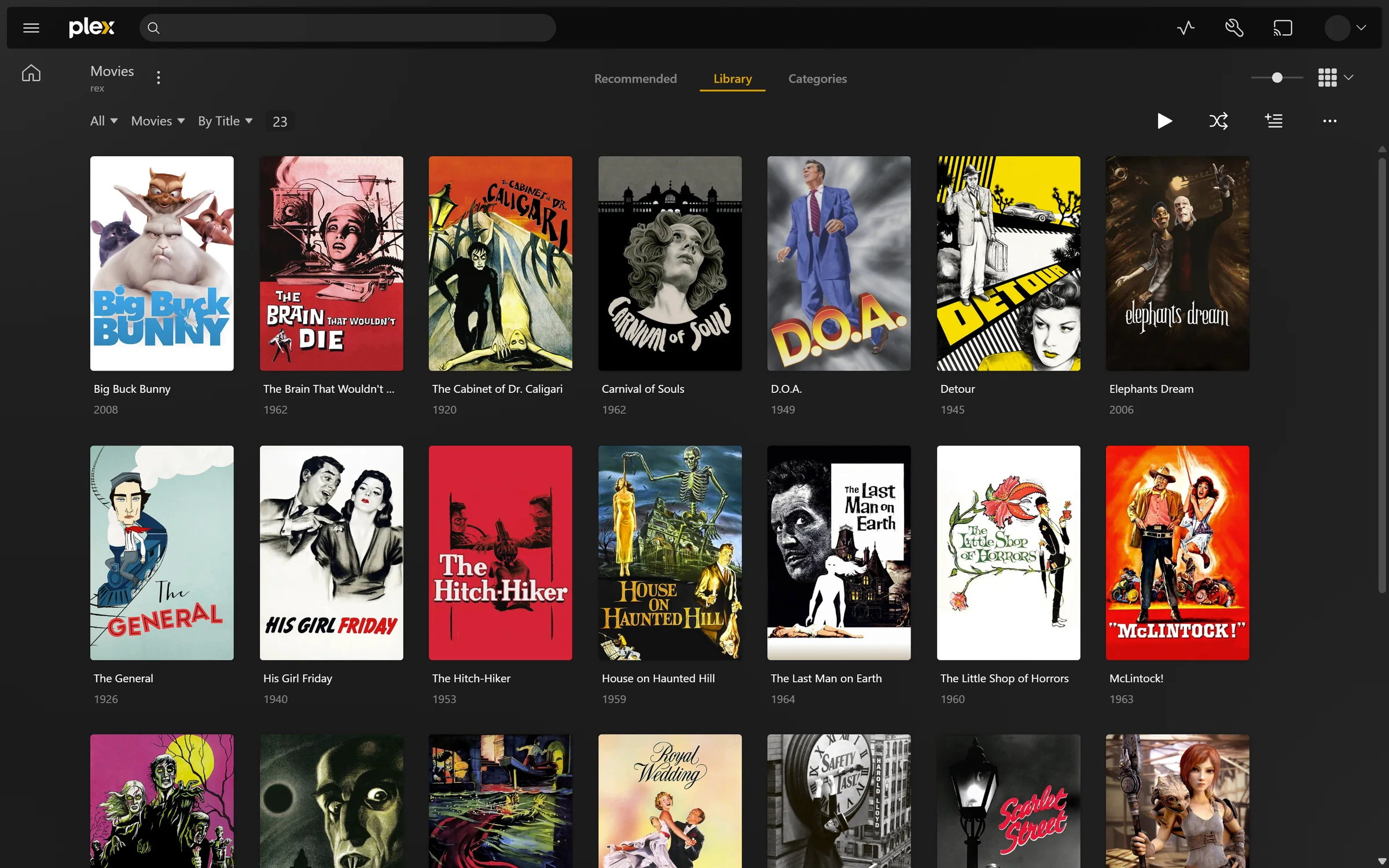 A movie library of public domain films with posters, shown by rex in the official web app