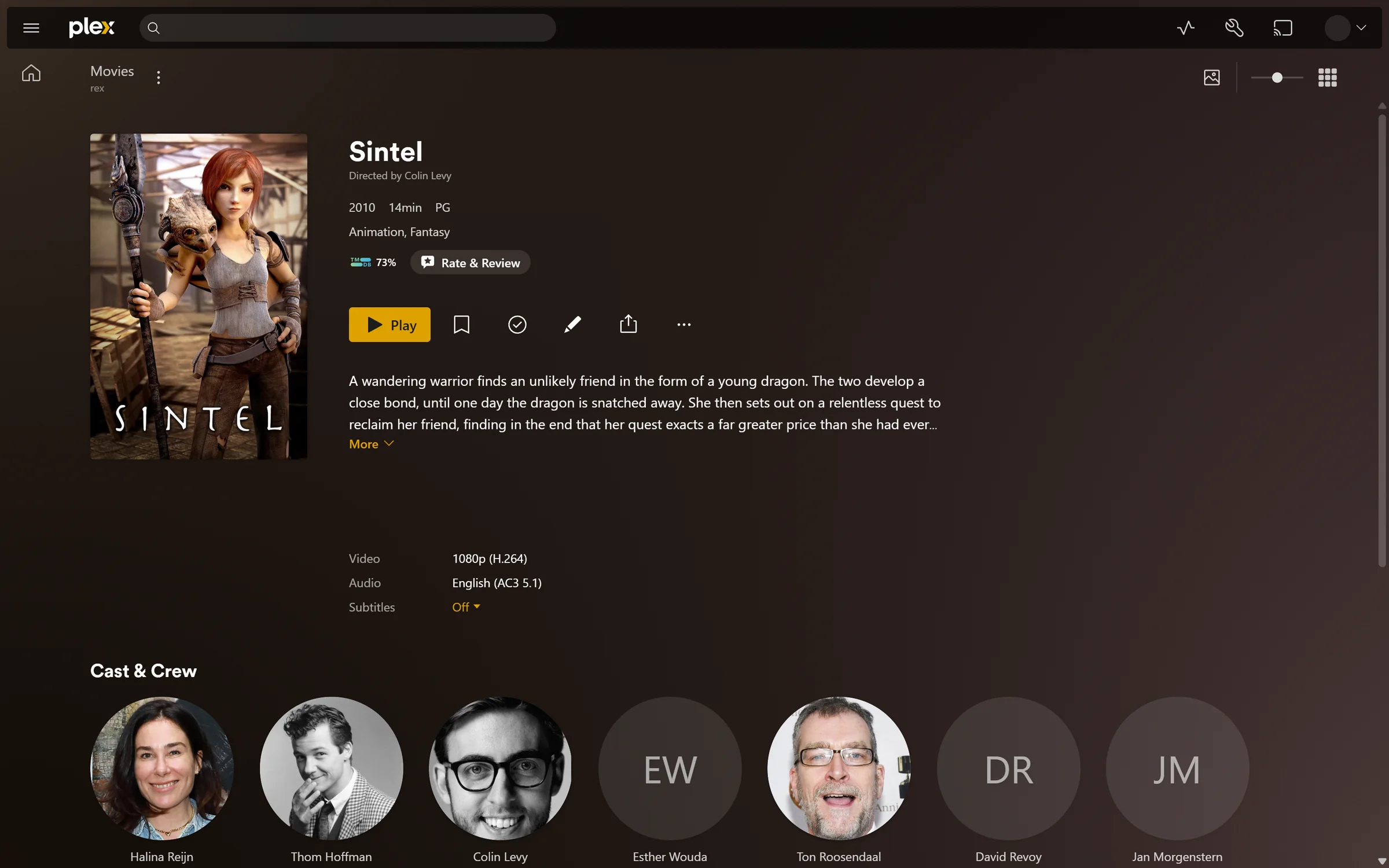 Movie page for Sintel with poster and summary and cast and the file details